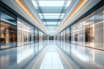 Fototapeta premium Modern Luxury Shopping Mall Interior Design: Glass Walls, Skylights, and Polished Floors