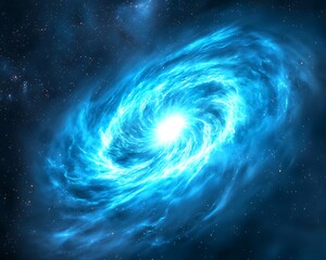 Blue galaxy swirls, light radiates outward. Space background ideal for sci-fi, tech concepts
