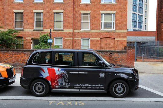 CROYDON, UK - JULY 8, 2024: LEVC TX hackney carriage black taxi cab in Croydon, Greater London, UK.