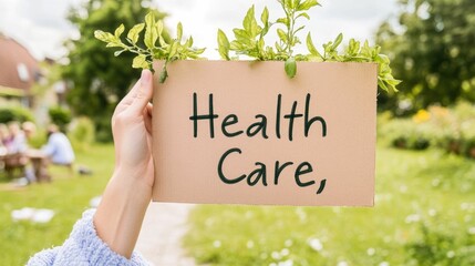 A hand holding a cardboard sign displaying the text Health Care conveying a message of compassionate assistance reassurance and the importance of community support and healthcare services