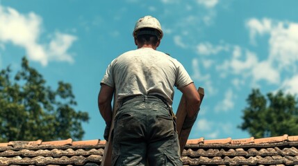 Energetic construction worker in protective helmet lifting and positioning wooden plank onto roof during a collaborative building project at a worksite