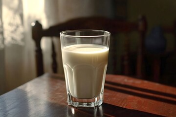 Sunlight streams through a nearby window, illuminating a glass of milk sitting on a wooden table, creating a cozy and refreshing atmosphere