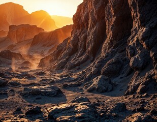 Obraz premium Fantasy alien planet. Mountain and sunset. 3D illustration. Desert Sunset Landscape