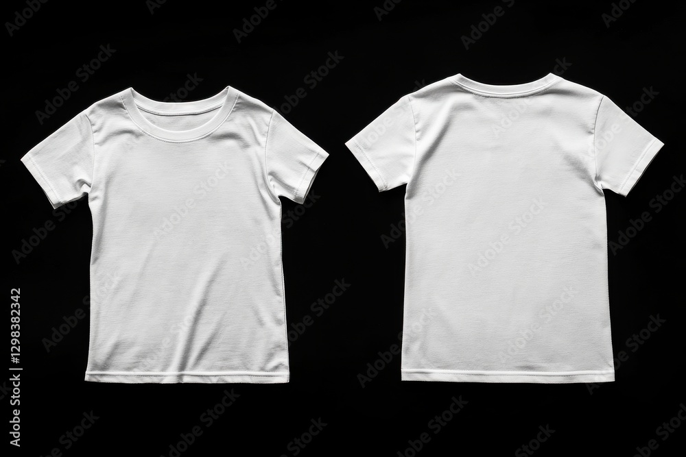 Poster plain white t-shirts displayed from the front and back on a black background for clothing design ide