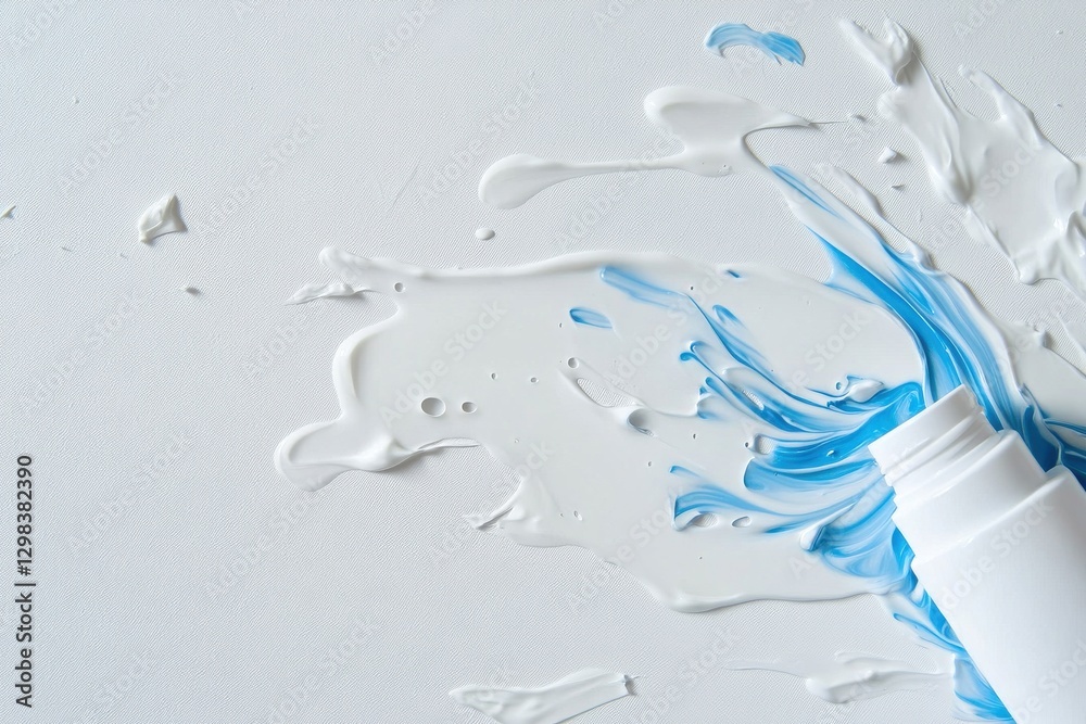Poster splattering white and blue paint creates an artistic pattern on a textured canvas