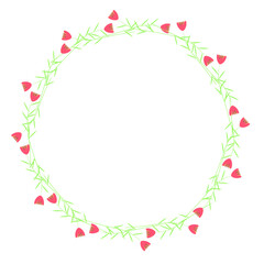 Elegant frame made of floral elements. Delicate spring colors. Round floral frame consisting of delicate green stems and red flower buds. Wreath of natural elements is isolated on  white background.