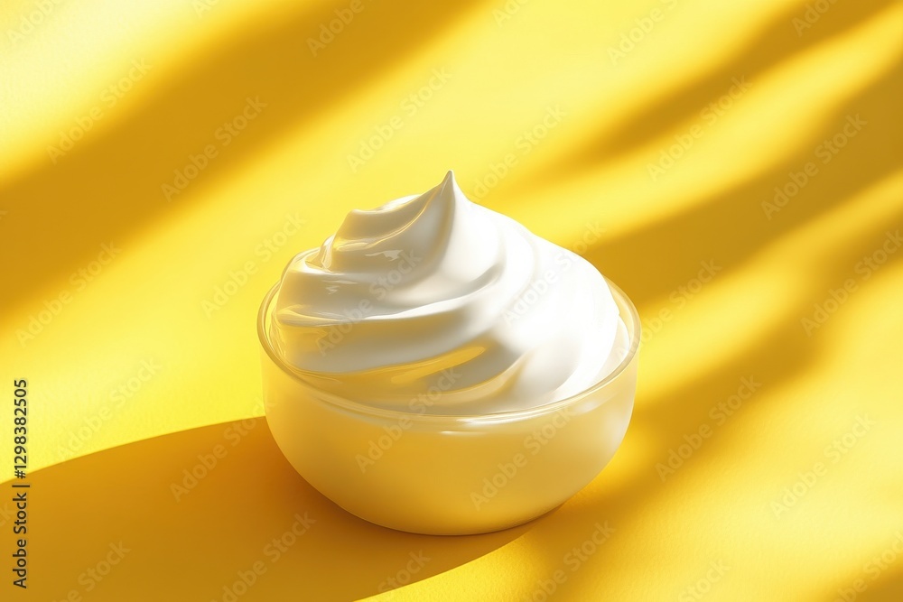 Poster creamy whipped topping in a glass bowl on a sunny yellow backdrop with soft shadows