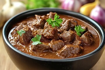 Hungarian goulash is simmering in a black bowl, featuring tender beef stew meat and garnished with fresh parsley, creating a hearty and flavorful traditional dish