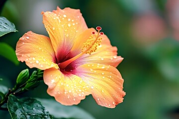 Peach hibiscus flower blooming in the garden after rain, adorned with glistening water drops, highlighting vibrant colors and delicate beauty amidst lush greenery