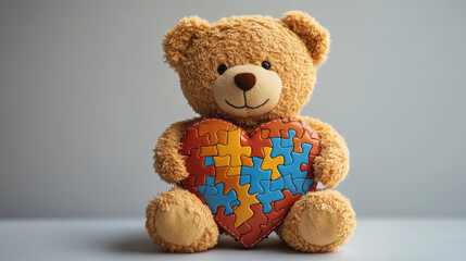 Obraz premium World Autism Awareness Day concept with a teddy bear holding a colorful heart-shaped puzzle piece, symbolizing love, support, and inclusion. Banner with copy space