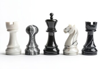 Elegant Marble Chess Pieces - Close-up of four exquisite marble chess pieces: black king, black rook, white knight, white rook. High-quality, polished finish