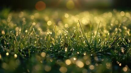 Obraz premium Close-up shot of grass with water droplets, great for backgrounds and textures