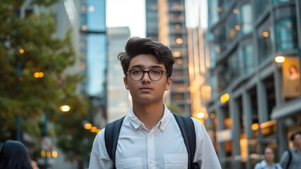 young South Asian school student walking down a busy urban street