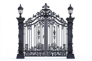 Elegant Ornate Iron Gate - A majestic black wrought iron gate with ornate detailing and decorative lamp posts, isolated on a white background