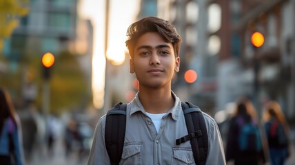 Fototapeta premium young South Asian school student walking down a busy urban street