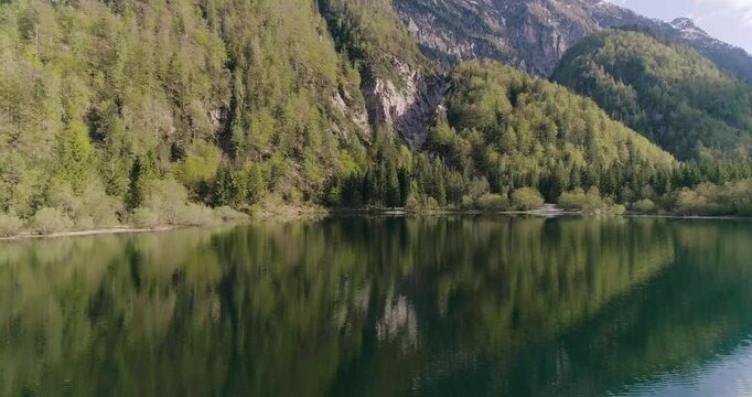 Aerial drone view of Lago del Predil in Tarvisio. Panoramic from above with the view of the Alps in background, trekking and summer holidays. Perfect reflection on the surface creates a human face.