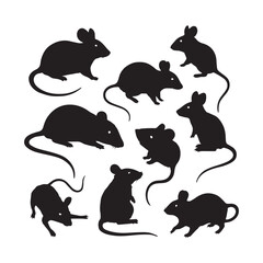 Black silhouettes of mice set white background