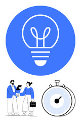 Light bulb icon for ideas, handshake for partnership, and stopwatch for time focus. Ideal for innovation, teamwork, project planning, deadlines, productivity, efficiency abstract line flat metaphor