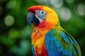 Obraz premium A colorful parrot perched on a tree branch, ready for flight