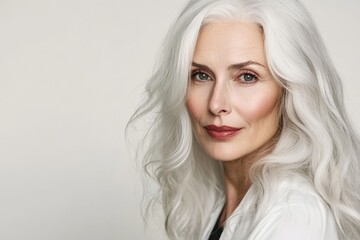 Naklejka premium Elegant Woman with Silver Hair - Portrait of a beautiful mature woman with long, wavy silver hair, wearing a white jacket. She is looking directly at the camera
