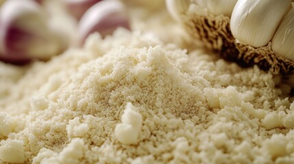 A close-up view of a variety of foods, including garlic, on a plate or table