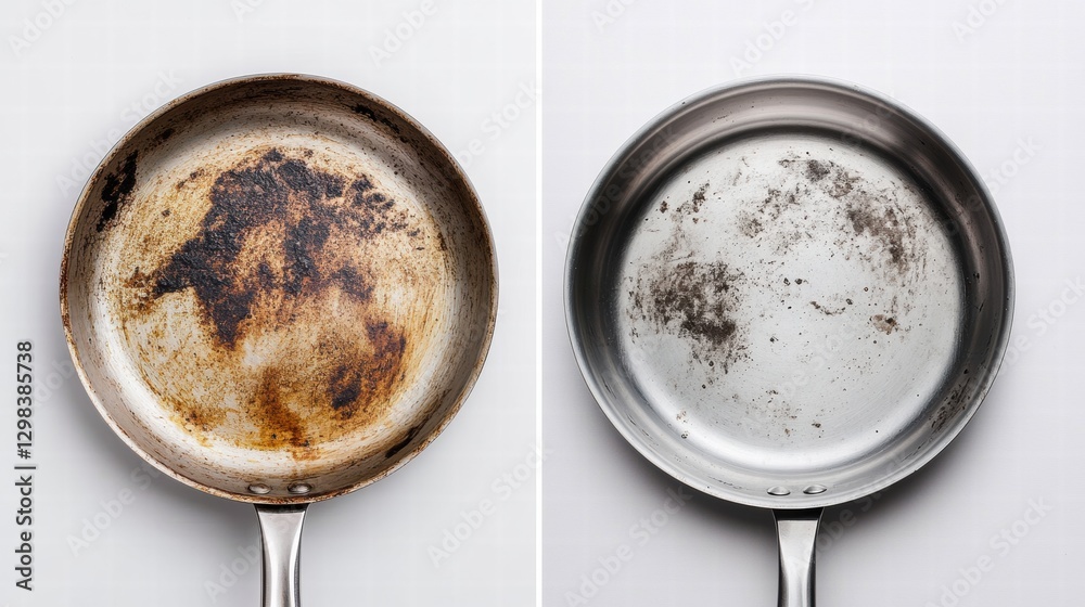 Poster Tips for effectively cleaning a dirty frying pan and restoring its shine without harsh chemicals. Generative AI