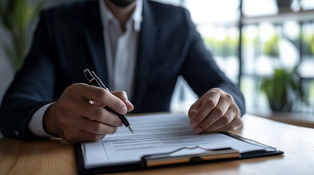 A professional insurance agent reviewing a policy with clients in a modern office. digital