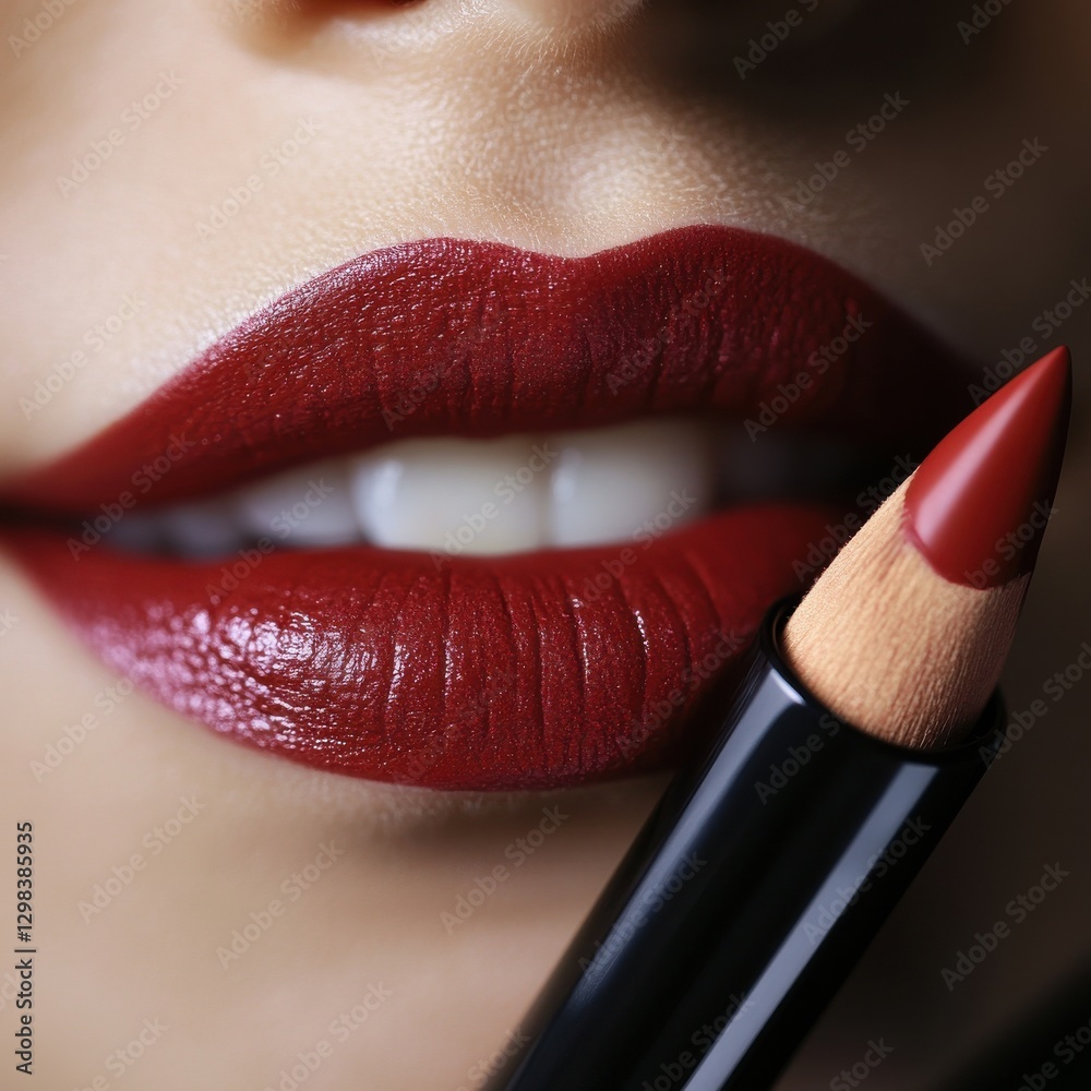Aufkleber bold red lips highlighted with lip pencil create a striking beauty look in a close-up setting