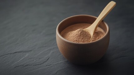 Handmade Ceramic Bowl with Raw Cacao Powder and Wooden Spoon