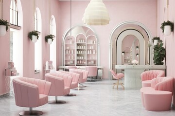 A hair salon interior furniture chair architecture.