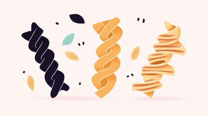 Colorful pasta varieties displayed creatively on a clean background in an artistic arrangement