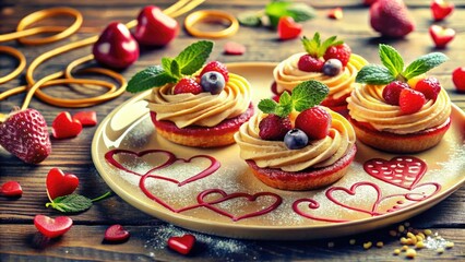 Hand-drawn hearts adorn delicious Valentine's Day food photography; cute styling for a romantic dinner.