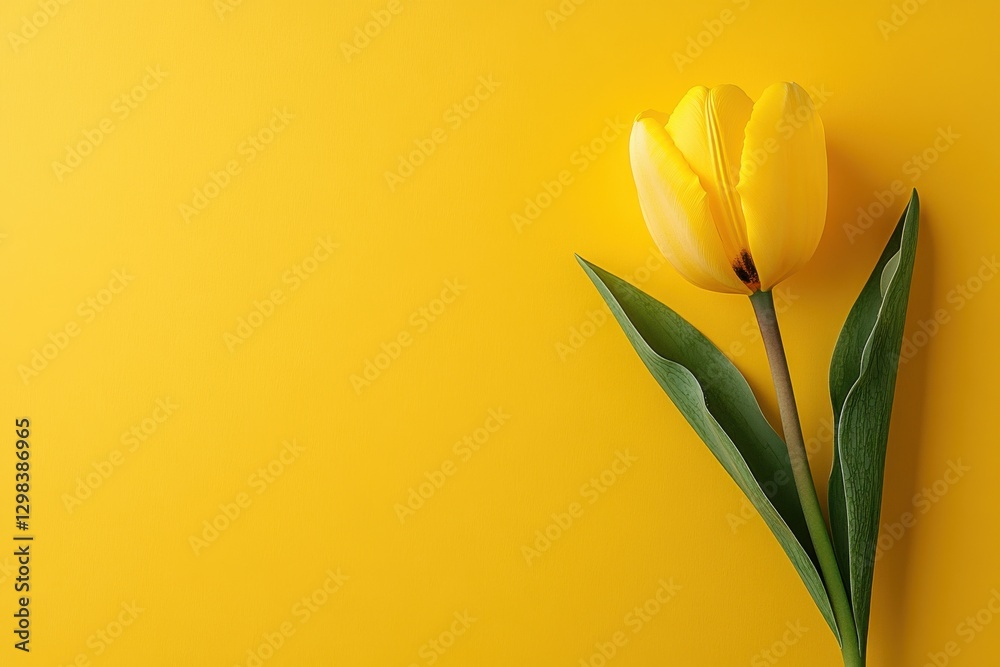 Aufkleber bright yellow tulip with green leaves against a vibrant yellow background in a simple and elegant ar