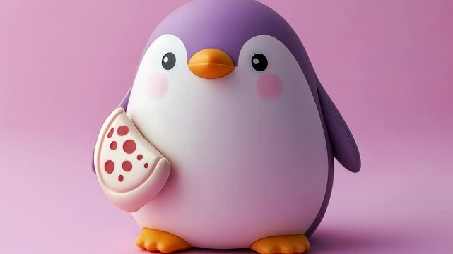 Cute little penguin with slice of pizza. Multi colored penguins on a pink background. A pizza with a light piece glaring at it. An adorable penguin holding a piece of lifestyle pizza.