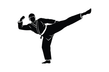 Silhouette of a martial artist performing a high kick vector art illustration.eps