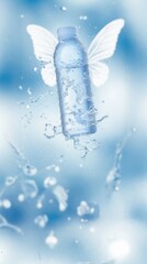 Water bottle flying in the air, surrounded by butterfly wings on a light blue background, Stay hydrated while travel, illustrating the freedom of travel hydration with water bottles
