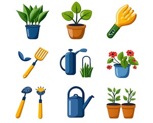 Gardening tools and potted plants, isolated on white, ready for design use or illustrating gardening