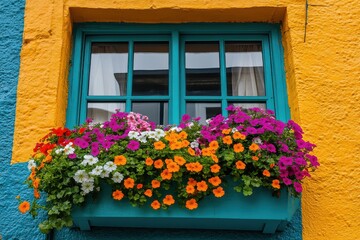 Colorful flower-filled window box adds charm to vibrant building exterior in a sunny location