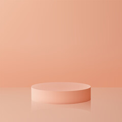 Minimalist Peach-Colored Cylindrical Pedestal on Reflective Surface with Soft Gradient Background for Product Display, Mockup, or Presentation in Modern and Elegant Design