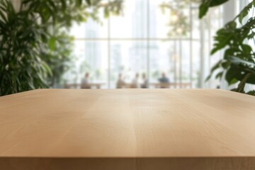 Fototapeta premium Bright workspace features wooden table surrounded by lush greene