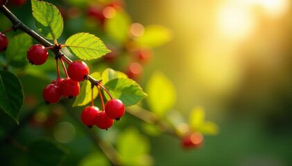 Obraz premium Sun-dappled branches laden with red berries and green leaves , nature, crabapple