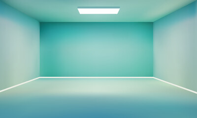 Minimalist Studio Room with Soft Teal Walls and a Bright Ceiling Light, Modern Interior Design, Ideal for Architectural Backgrounds, Design, Digital Projects, 3D Renderings, and Clean Studio Concepts.
