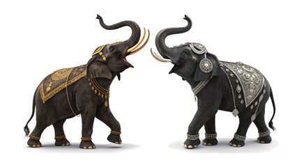 Two elephants adorned with gold and silver ornaments