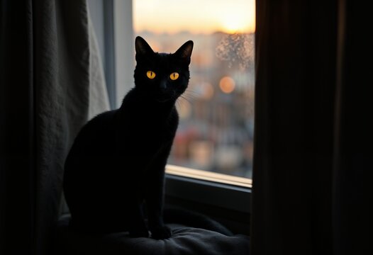 Mysterious black cat with glowing eyes sitting on the window sill during sunset
