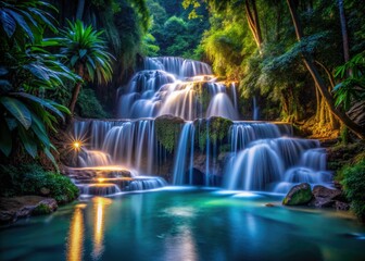 Lush green foliage surrounds a crystal-clear waterfall, illuminated in a magical night scene of low light.