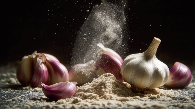 Fresh garlic clove being covered in powdered substance, great for food and cooking illustrations