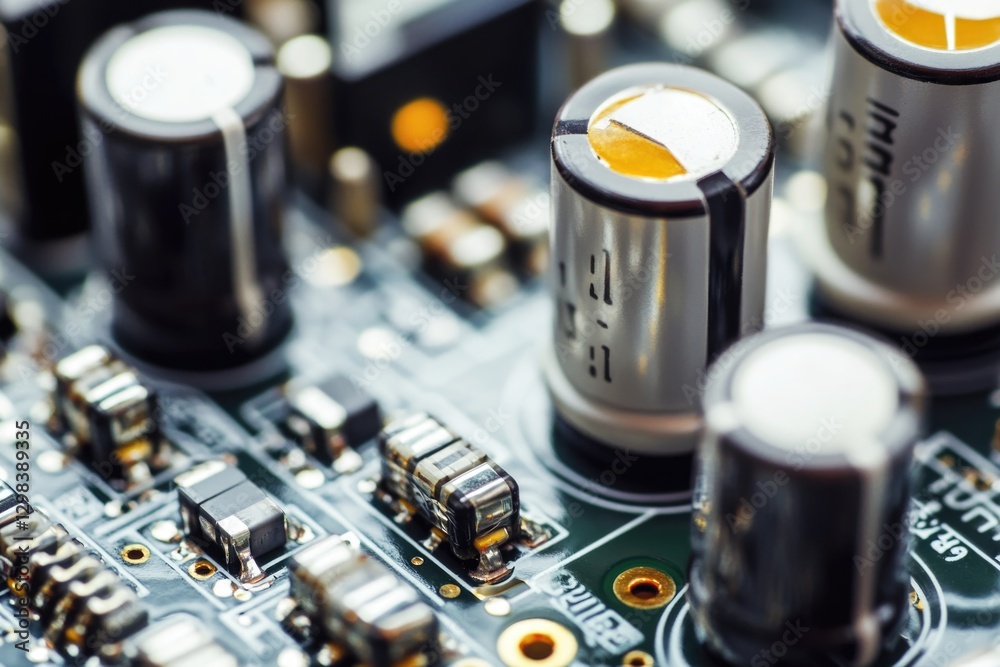 Poster close-up view of various electronic components on a printed circuit board, suitable for use in techn