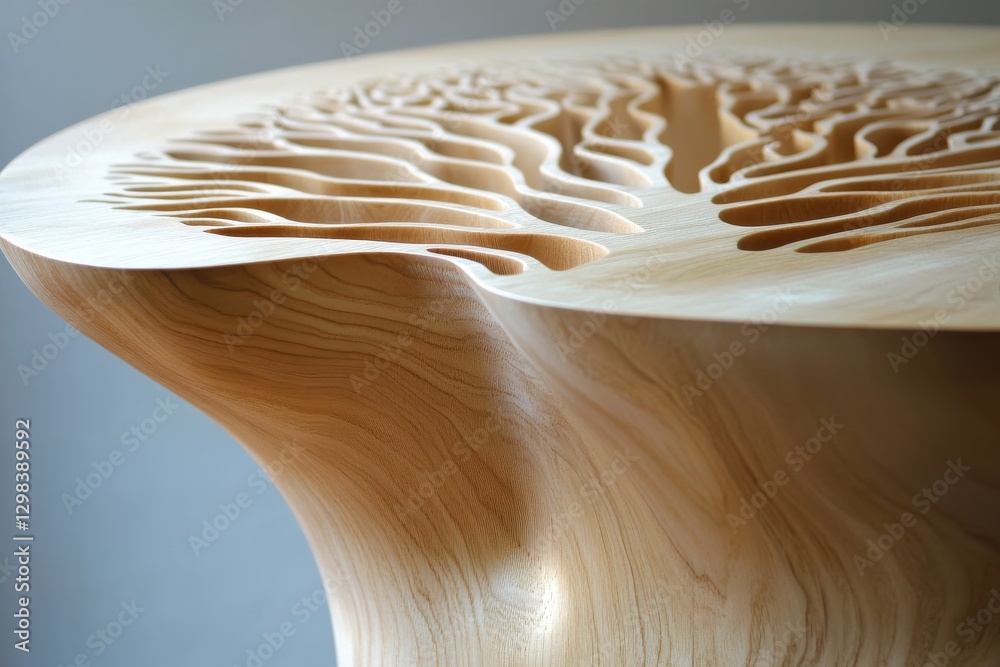 Poster Wooden art piece showcasing intricate tree-like patterns in a minimalist display setting