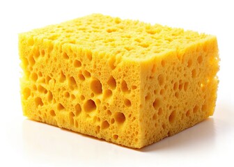 Macro photography reveals the texture of bright yellow cleaning sponges against stark white.