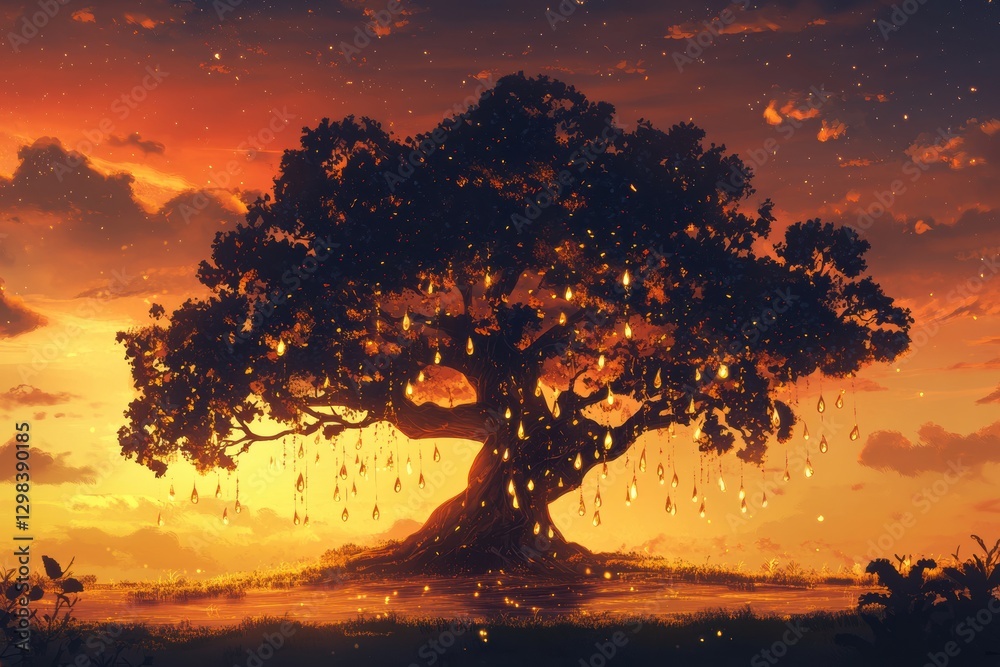 Aufkleber majestic tree with glowing orbs under a vibrant sunset sky filled with warm colors. generative ai